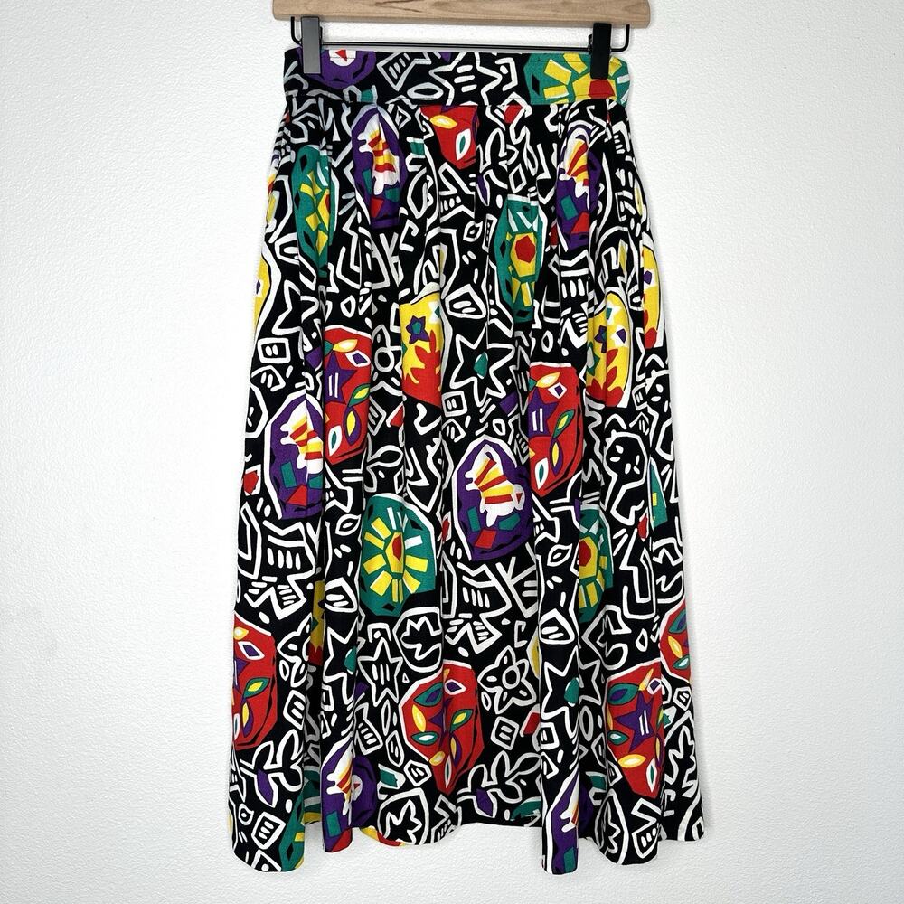 Vintage 80s USA Made Claude Midi Skirt Black Multicolor Geometric 25" Pockets